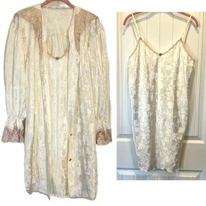 Vintage Lingerie Satin Jacquard Floral Lace Trim Robe & Slip Set Colesce Couture